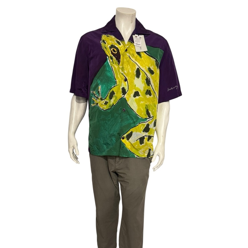 Burberry Mens Purple Frog Nylon Short Sleeve Snap Button Shirt